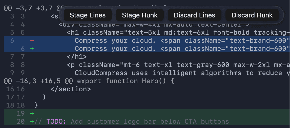 Hunk-level staging in the diff viewer