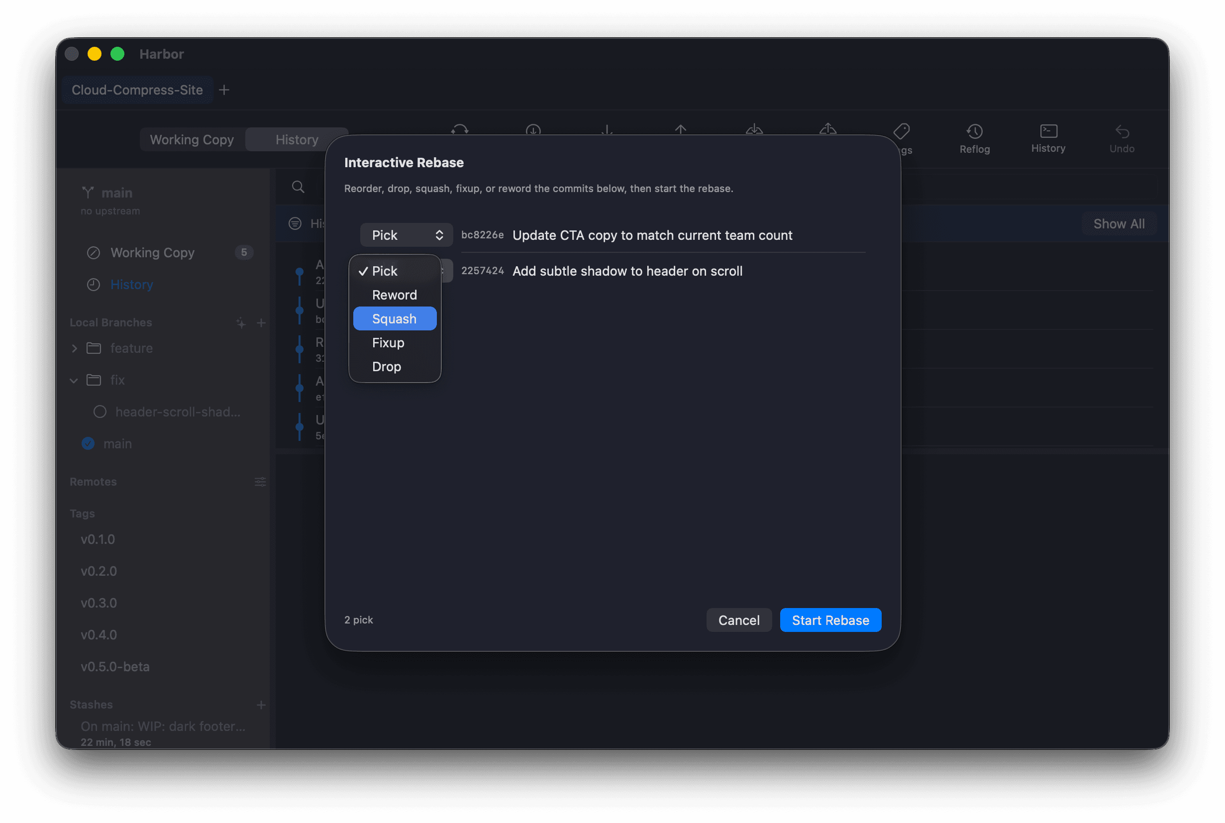 Interactive rebase: reorder / squash / edit / drop
