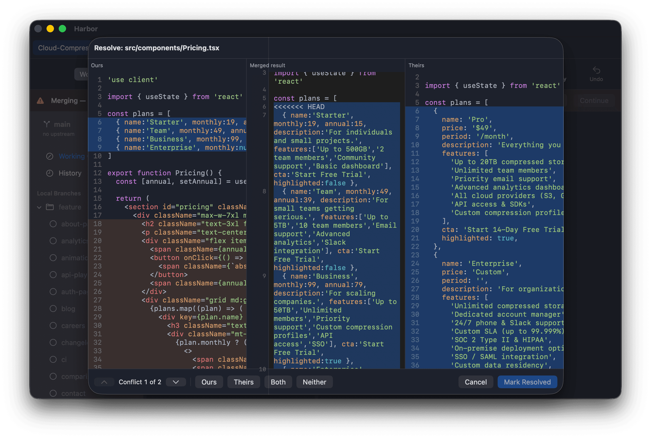 Conflict resolver: stuck files with continue / abort / skip